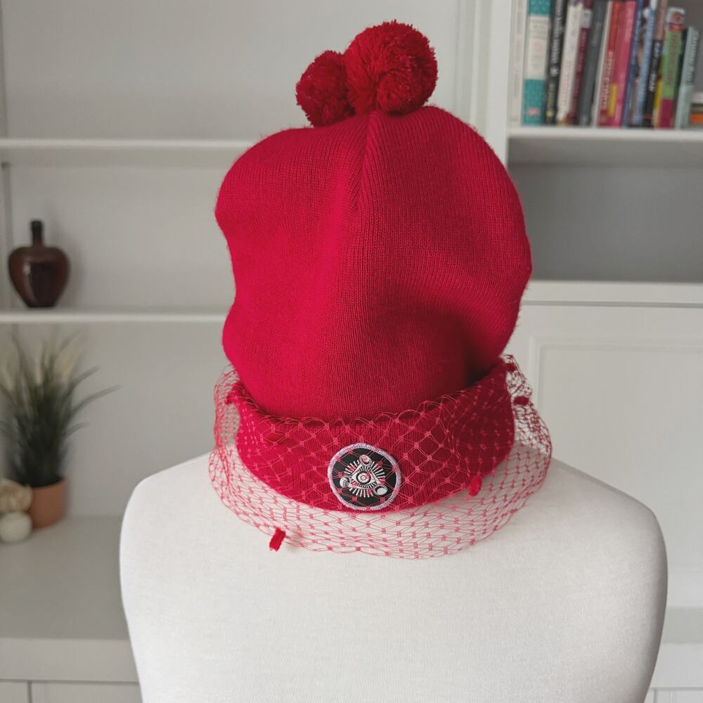 Silver Spoon Attire Red Mesh Veil Pom Pom Beanie Hat